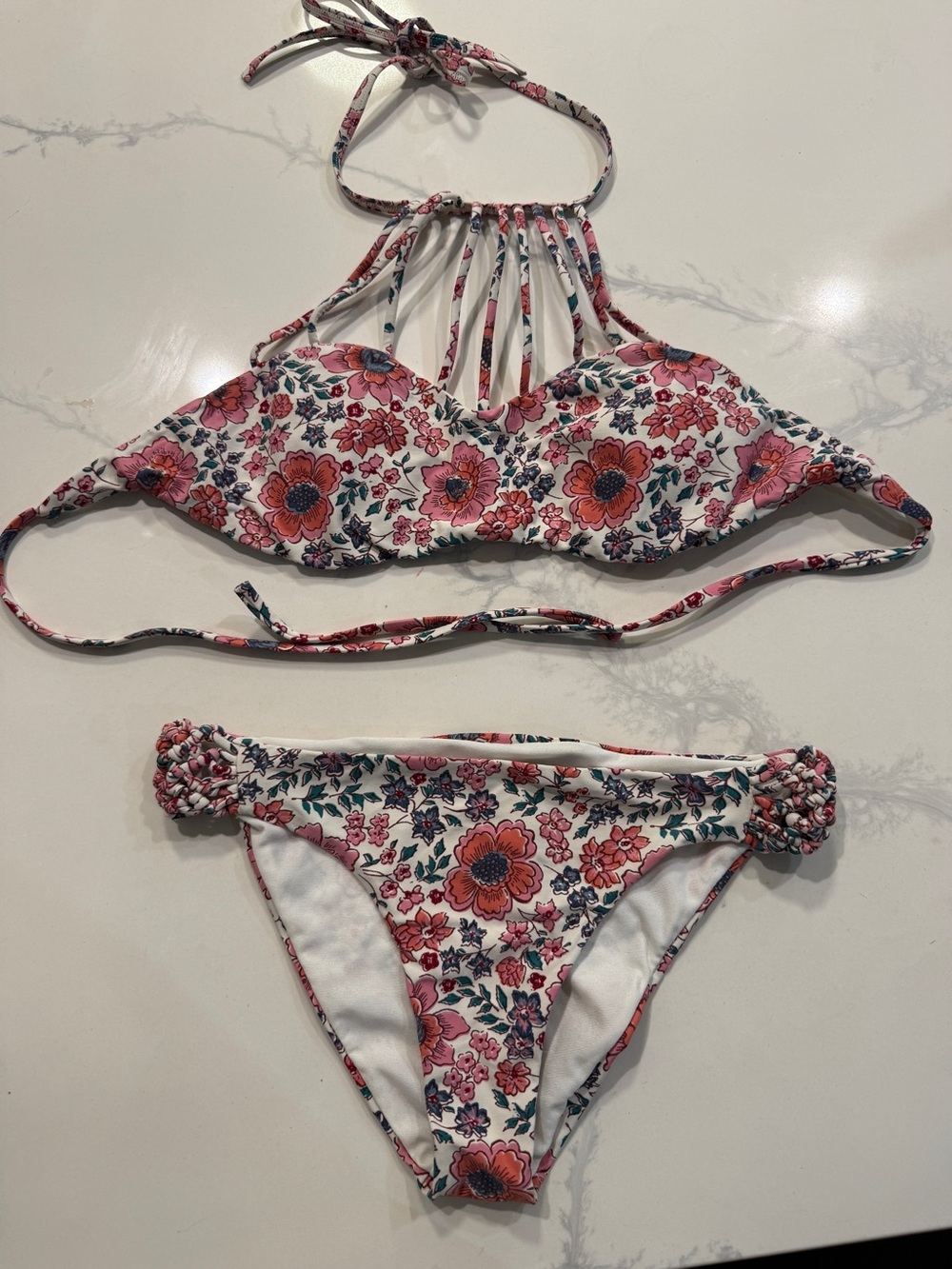 Billabong White Floral Halter Bikini Set with Pink and Coral Flowers